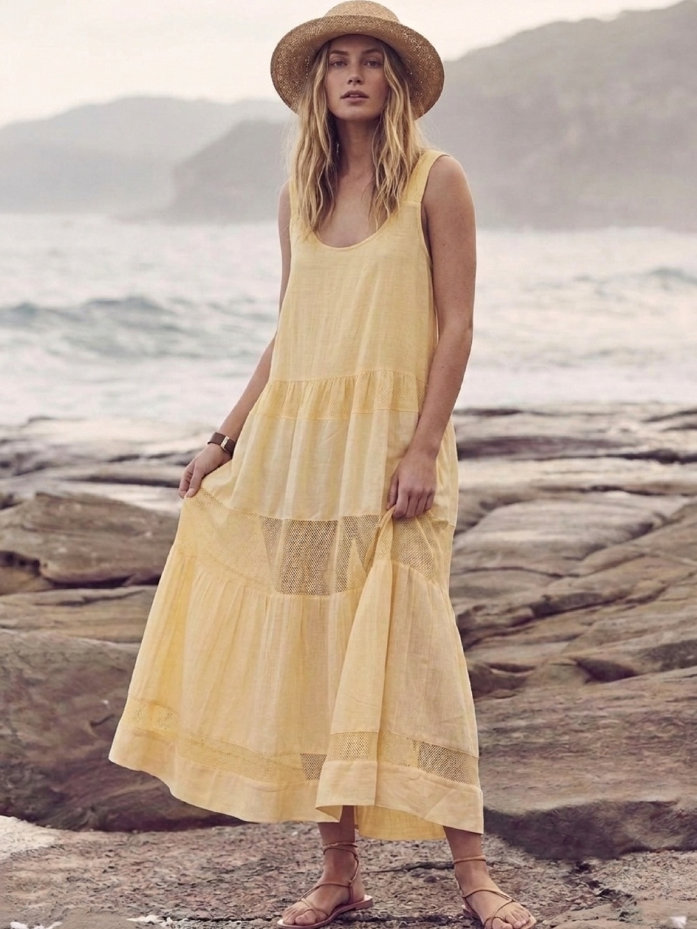 Free People Size Small Meet Me At The Sunset MIdii Soft Yellow Sleeveless - Picture 2 of 13